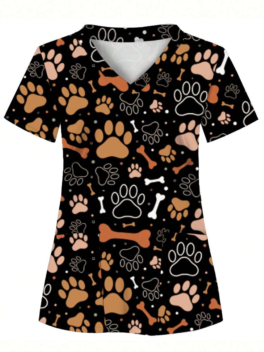 Women's Allover Print Scrub Top With Dog Paw Print & Bone Pattern, 2 Pockets, Comfortable T-Shirt Suitable For Healthcare Professionals - Soft, Breathable, Practical Uniform For Hospitals, Dental Clinics, Salons And Facilities, Nursing Workwear - Brown - View 1