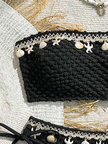 2025 New European & American Sexy Starfish & Shell Tassel Bikini Swimsuit Women, Cross-Border Set, Patchwork Letter Stripe Applique Knot Rhinestone