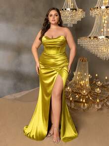 This Elegant Mermaid Slit Satin Formal Evening Gown Is Suitable For Red Carpet Events, Formal Dinners, Luxury Wedding Receptions, And Black Tie Galas. - Olive Green - View 3