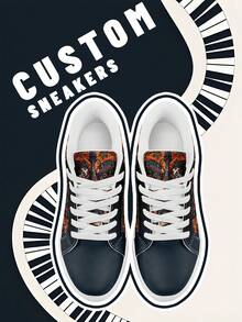 [Rock Music Festival Theme] Custom Name Low-Top Sneakers, PU Upper Panel Shoes, Skull And Guitar Flame Print, Lightweight Unisex All-Season Casual Wear