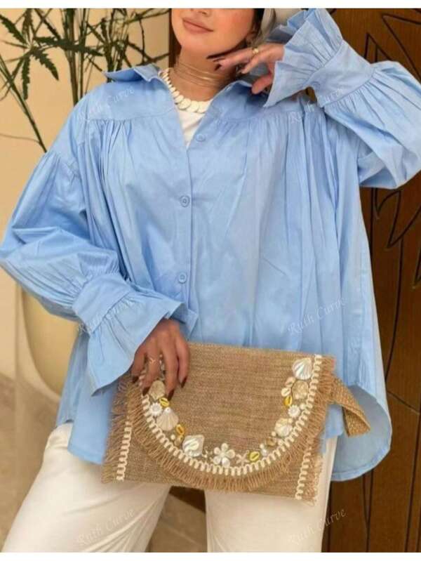 Plus Size Fashionable Temperament Lapel Bell Sleeve Loose Long Sleeve Shirt Blouse