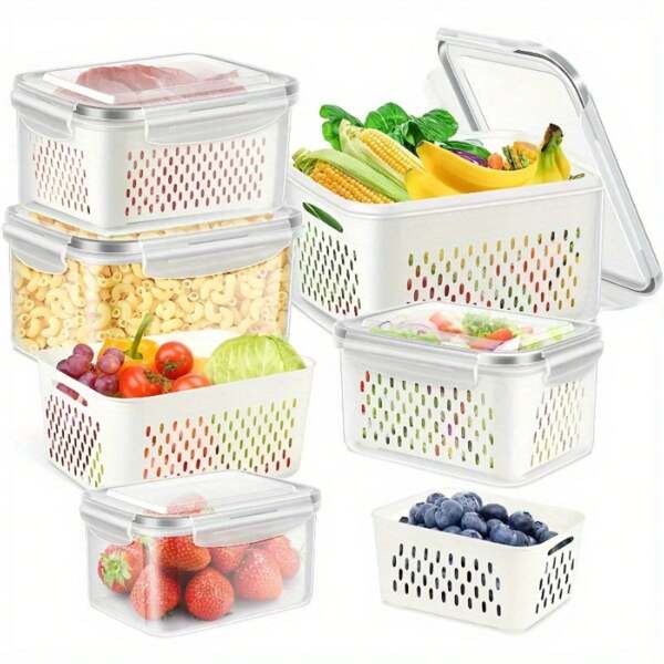 Set de 4 recipientes de almacenamiento de alimentos de plástico con cestas de drenaje y tapas - a prueba de fugas, seguros para el refrigerador, reutilizables para la conservación de frutas, verduras y alimentos. Organizador moderno de cocina, solución de almacenamiento de cocina.