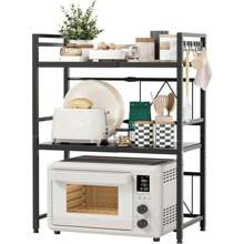 Shelf,Expandable 3-Tier Microwave Stand With 8 Hooks – Versatile Kitchen Countertop Organizer: Fits Microwave, Air Fryer, Printer & More