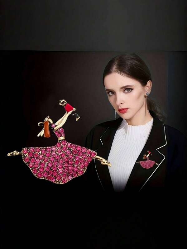 1pc Fashionable Rhinestone Ballet Dancer Brooch, Gold-Tone Metal Ballet Girl Pin For Women Coat And Shirt, Elegant Dance Pose Accessory, Suitable For Casual Or Formal Wear