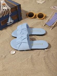 Dép lê ngoài trời mùa hè mới cho bé gái, kiểu dáng xếp ly, mũi tròn, thời trang và trang nhã, màu trơn, kiểu phương Tây, đế bằng cho trẻ em. - Màu xanh nhạt - Xem 4