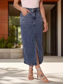 Saia jeans modelo fenda cintura alta tecido esbranquiçados nova 2025