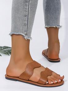 女士平底凉鞋，欧式休闲时尚露趾系带波浪纹沙滩拖鞋