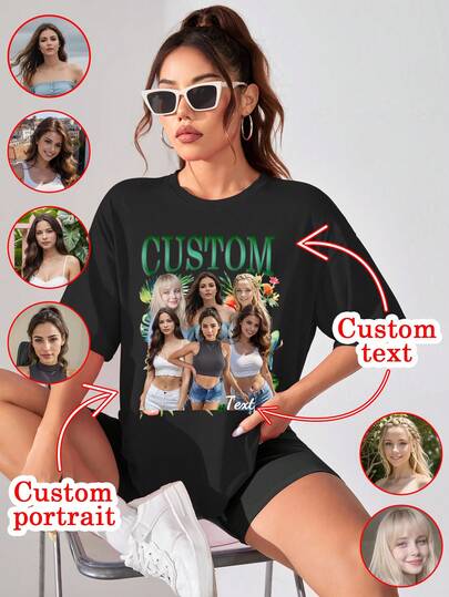 Customized Women's T-Shirt - Add Your Own Text And Images (Family Photos/Selfies/Pet Photos/Friends Photos/Party Photos)