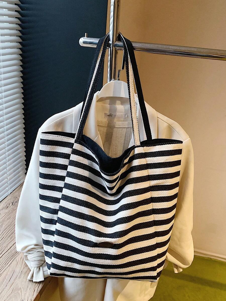 1 件女士条纹大容量开顶单肩托特包，百搭优雅时尚，适合女性日常使用、旅行、度假