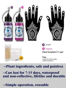 2件套手部模板染料组合套装（左手和右手模板+纹身果汁染料）多图案男女通用半永久手指、手背、双手艺术皮肤绘画防水假纹身模板套装 - 彩色 - 查看 11