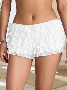 Lace Ruffle Bloomers Women Lolita Mini Shorts Mesh Pumpkin Micro Boy Bottoms Ruffled Pettipants Layered Panties - White - View 2