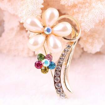 1pc Fashionable Crystal 5-Petal Flower Alloy Pearl Rhinestone Brooch Pin, Wholesale