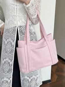 Fashionable Solid Color Minimalist Casual Large Capacity Tote Bag - Pink - View 6