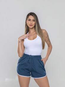 Women's Shorts With Pocket - Loose Beach Gym Spandex - Màu xanh hải quân - Xem 2