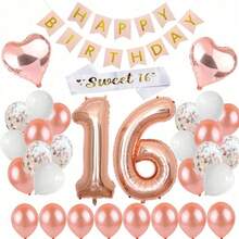 32 Pcs Sweet 16th Decorations Pink Happy Birthday Banner 30inch Rose Gold Number 16 Balloons Rose Gold Confetti Balloons White Sash 16th Birthday Party Supplies Photo Props