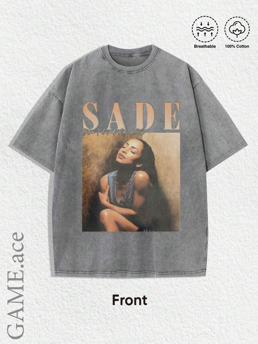 1PCS Summer Tops, Y2K Swag Tee, Vintage Sade Graphic T-Shirt - Bohemian Retro Music Band Tee With Black & Golden Print, Spring/Summer/Fall Men Clothes, Regular Fit Shirt, Christmas & Halloween & Thanksgiving Day & Valentine's Day & Pride & Father's Day & Easter & Mother's Day & New Year & Spring Festival, Men's Round Neck Printed Short Sleeve Casual Everyday T-Shirt, They Are Excellent Gifts For Friends And Family, 100% Cotton T-Shirts Feature, A Youthful And Fashionable Design, Graphic Tees Men, Graphic Tees Women, Cachorro Feliz, Back To School - Xám - Xem 1