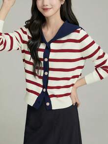 Alicedudu Women's Autumn/Winter Navy Collar Striped Knit Cardigan - Multicolor - View 3