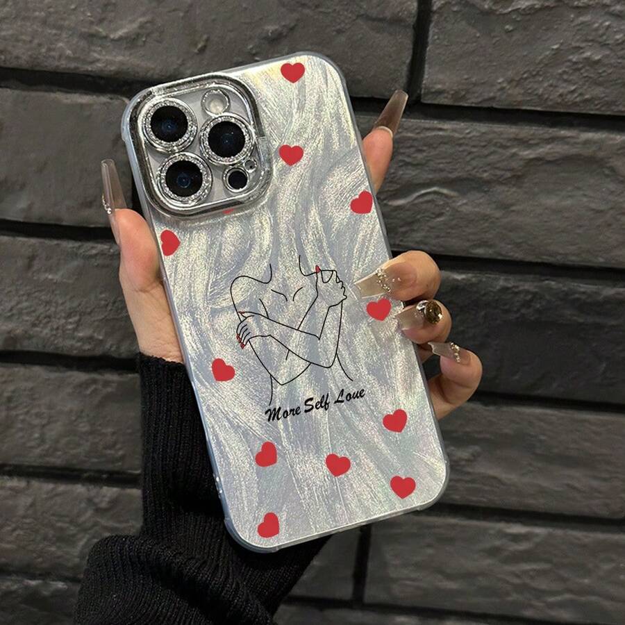 Funda para teléfono 1 pieza Amor propio - Temática con motivos de corazón, hilo fino con agujeros IMD de moda y teléfono, 16/15/14/13/12/11 Pro Promax Plus/X/Xsmax Funda para teléfono S, Son hombres y - Plateado - Ver 1