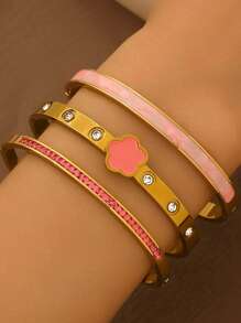 3pcs Fashion 18K Gold Plated Stainless Steel Four-Leaf Clover Nail Bracelet, Suitable For Women's Party, Daily Wear, European And American Style, Personalized, Generous, Luxury Cubic Zirconia Wristband, Wedding Jewelry Set, Gift For Girls, Women, Relatives, Friends, Beautiful Wedding, Birthday, Valentine's Day, Mom, Mother, Mother's Day, Gift