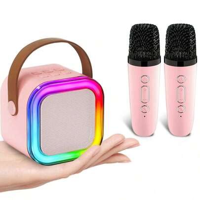 家用ktv卡拉ok音箱連無線2麥克風卡拉ok機帶兩個無線麥克風長插頭led燈家庭便攜式卡拉ok機