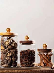 Glass Storage Jar Kitchen Storage With Wooden Lid, Glass Coffee Jars, Clear Storage Canister With Wooden Lid Round Glass Food Jar For Pantry Sugar Tea Coffee Bean Spice Nuts,Used In Refrigerators And Cabinets
