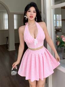 2pcs/Set Pink Lace Sexy Deep V-Neck Tie-Up Backless Top & Pleated Tennis Skirt, Made Of Jacquard Knit Fabric, Casual Sporty Style, Young & Sexy Girl Look, Spring/Summer New Women Outfit - Pink - View 5