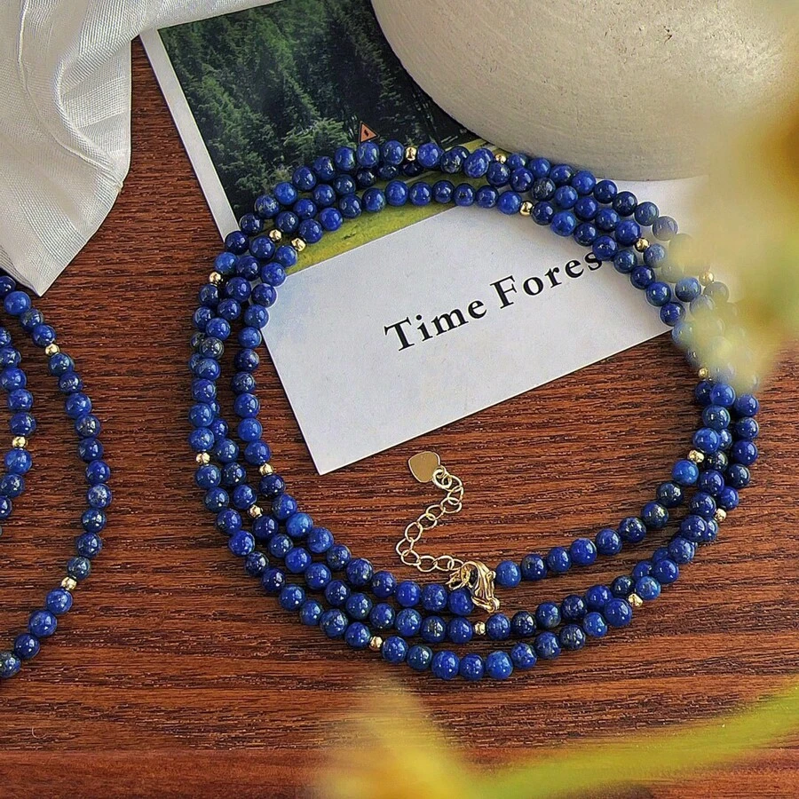 1 件青金石长项链 - 波西米亚多层项链，4 毫米天然宝石毛衣首饰，女士圣诞礼物