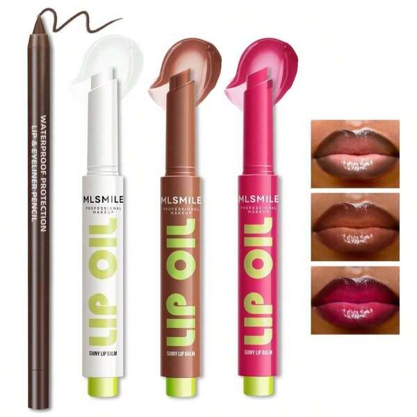 HOSAILY Moisturizing Solid Lip Gloss Jelly Lipstick, 3Color Lip Oil Lip Plumper With Dark Brown Lip Liner Combo, Glossy Lightweight Pigmented Non Sticky Tinted Lip Click Balm Makeup Gift Set For Women