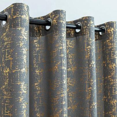 Gold Foil Print Linen Textured Curtains - Geometric Pattern Bedroom & Living Room - Thermal Insulated Window Treatment, 2 Panels, 84 L, Beige & Gold, Home Decor