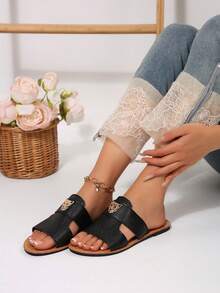 2024 Summer Fashion Tiger Head Buckle Decor Flat Slip-On Mule Sandals, Vintage Casual Open Toe Slippers - Black - View 3