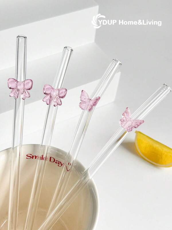 2/4Pcs Butterfly&Cherry Decoration Glass Bendy Straw ,For Milk,Tea,Juice,Cold Drink,Party Drinks,Cocktails,School Supplies,Father's Day,Summer Gift.