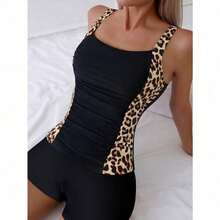Women's Leopard Trim Tankini – Black Ruched Top And Boyshort Bottoms, Flattering And Supportive For Poolside And Vacation Wear,Slim Fit Runs Small Recommend Order One Size Up, Tummy Control Waist Ruched Cinching, Swimwear For Beach Vacation & Pool Party - Black - View 1
