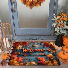 1 pieza Felpudo navideño de hojas de otoño con estampado de grano de madera azul y arce, suave, antideslizante y absorbente, lavable, para decoración del hogar festiva y acogedora, rectangular de pelo corto para sala de estar, dormitorio, cocina, lavandería, baño