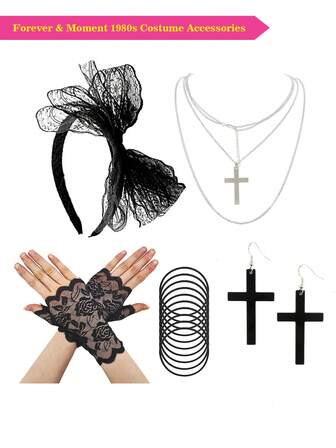 Forever & Moment 5 件 1980 年代服装配饰女士服装蕾丝蝴蝶结发带十字链项链十字架耳环手链印花蕾丝手套舞蹈表演化妆舞会礼物，万圣节