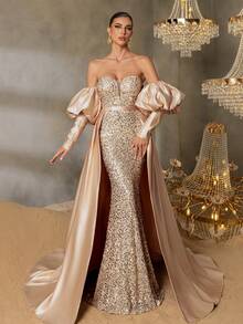 Faeriesty Abito da sera elegante con maniche a palloncino, orlo a sirena, raso con strascico, decorato con paillettes, adatto per eventi da red carpet, grandi gale, ricevimenti, banchetti e cerimonie - Champagne - Visualizzare 5