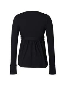 女士V领长袖荷叶边下摆上衣，秋冬黑色 - 黑色 - 查看 2