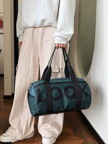 大容量尼龙字母装饰短途旅行行李袋，适合健身房、瑜伽、学生返校，男女通用健身包跑步配件运动包女士 - 綠色 - 查看 8