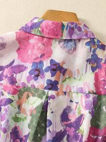 Plus Size Women's Short Sleeve Button-Down Shirt, All-Over Floral Print, Collared - Casual Daily, Festive, Travel Shirt Suitable For Spring, Summer, Autumn Evenings Pink - Pink - View 9