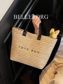 Bolso de paja casual de gran capacidad para vacaciones, bolso de hombro elegante y sencillo para mujer - Negro - Ver 3