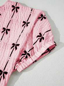 Acelitt 全新夏季浅粉色蝴蝶结印花泡泡袖休闲宽松衬衫