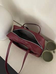 新款韩版枕头手提包复古单肩包大容量手提包上班通勤包不含吊坠（吊坠用于造型，不提供） - 酒紅色 - 查看 8