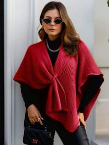 Stylish Women's Knit Vest Poncho Kimono Cape - 紅色 - 查看 3