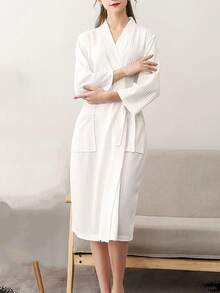 1pc Lightweight & Fashionable Home Bathrobe, Beach Robe, Quick Absorbent & Skin-Friendly Bathrobe, Couples Lounge Wear, Minimalist Plaid Bathrobe - Grey - View 10