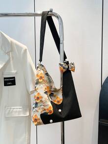 2025新款碎花拼布时尚简约休闲清新大容量单肩托特包腋下包，女士新月斜挎包，学生挎包，购物手提包 - 黑色 - 查看 7