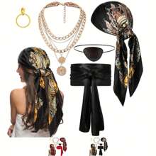 Conjunto de 5 acessórios para fantasia de pirata para mulheres, lenço de cabeça de pirata, faixa de pirata, colar, tapa-olho e brinco para cosplay, dramatização de pirata, baile de Halloween