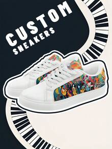 [Music Festival Theme]Men's Custom Name Lightweight Low-Top Sneakers, PU Leather Panel Shoes, Piano Keyboard Print, Unisex All-Season Casual Wear - Multicolor - View 2