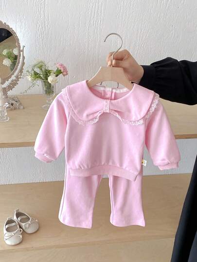 2pcs Baby Girls' Solid Color Bow Collar Top And Pants Set, Autumn