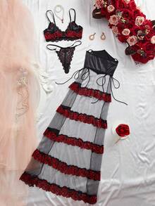 Women's Sexy Lingerie Set, Sheer Lace Ruffle Hem, Suitable For Holidays And Weddings - 黑色 - 查看 10