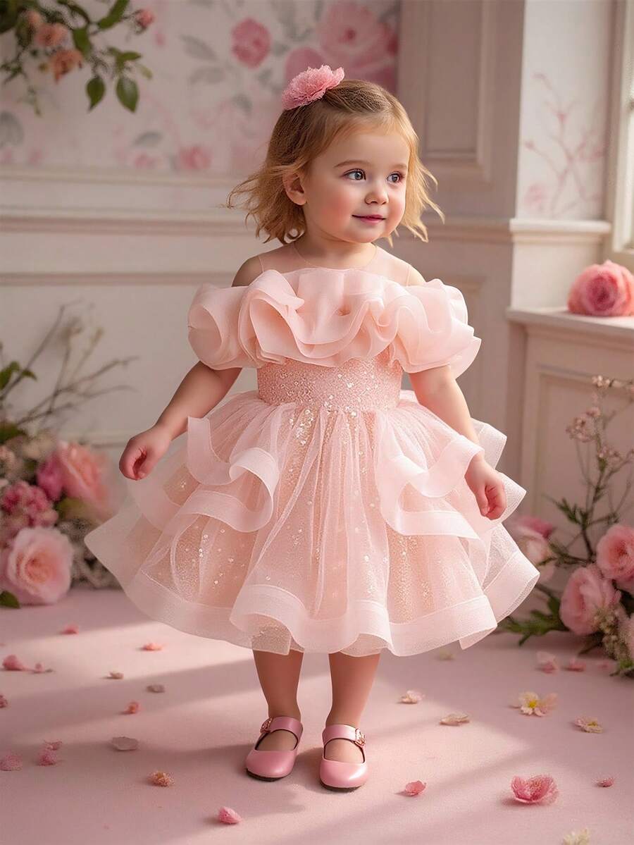 Baby Girls Shiny Mesh Princess Dress, Cute For Birthday Party, Celebration, Outdoor, No Hair Accessories Included
