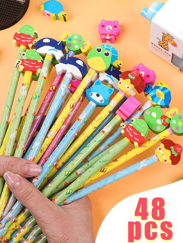 Set de 48 lápices con goma de borrar de diseño de dibujos animados - Regalo ideal para volver a la escuela, diseños surtidos, apropiado para estudiantes y niños, útiles escolares esenciales (también disponible en opciones de 12 piezas/24 piezas/48 piezas)